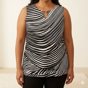 Liz Claiborne 1X Sleeveless Blouse Black White Abstract Stripe Knit Top